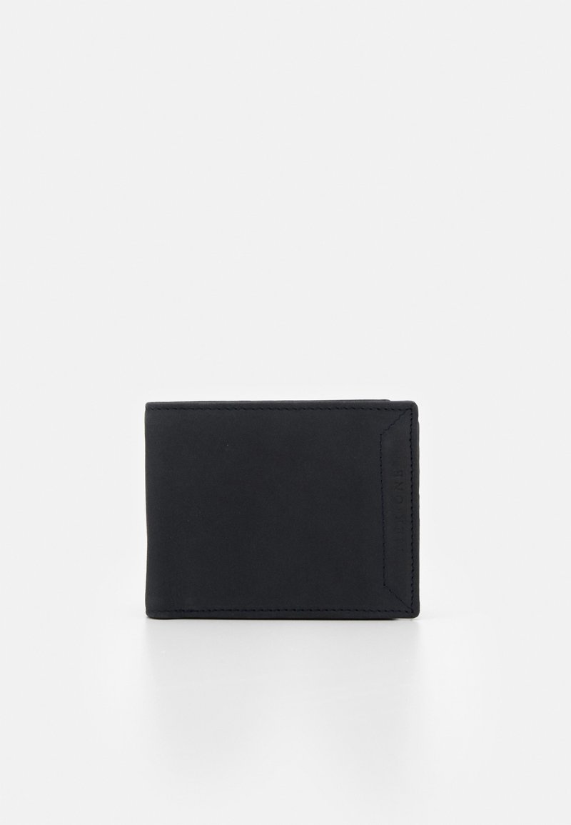 Portefeuille en cuir noir de forme rectangulaire, avec des bords cousus et une texture lisse. Design minimaliste, sans matériel ou motifs visibles.