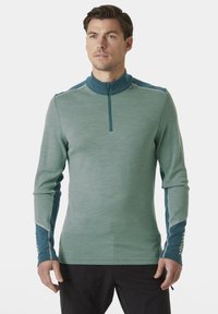Camisa de manga larga en suave tela verde con cuello alto, cierre de cremallera en el cuello y acentos en azul contrastante en las mangas, con un patrón texturizado.