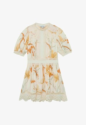Rochie crem cu mâneci scurte, imprimeu floral portocaliu, detalii din dantelă la guler, mâneci, talie și tiv, și fustă adunată.
