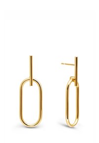 Pendientes colgantes en tono dorado con un diseño geométrico de eslabones y una barra vertical larga. Superficie lisa y pulida. Estilo elegante y minimalista.