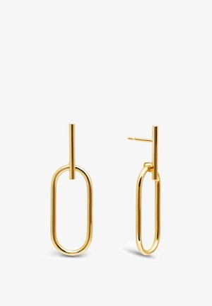 Kultakuvioiset roikkKorvakorut, joissa on geometrinen linkitetty muotoilu ja pitkä pystysuora sauva. Suora, kiillotettu pinta. Tyylikkäästi ja minimalistisesti.