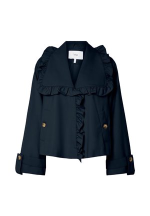 Giacca corta navy con colletto arricciato e pannelli frontali. Presenta una chiusura doppiopetto con bottoni e polsini risvoltati con bottoni dorati.