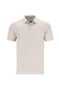 Kurzarm-Polohemd aus leicht beigem Stoff mit strukturiertem Muster, dreiknöpfiger Knopfleiste und einer Brusttasche.