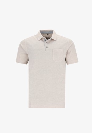 Polo à manches courtes en tissu beige clair avec un motif texturé, patte de boutonnage à trois boutons et une poche poitrine.