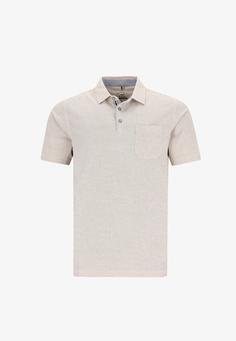 Kurzarm-Polohemd aus leicht beigem Stoff mit strukturiertem Muster, dreiknöpfiger Knopfleiste und einer Brusttasche.