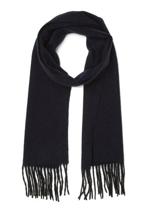 Bufanda de lana azul marino con una textura suave, que presenta extremos largos con flecos y un diseño simple y enrollado.