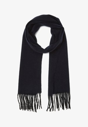 Sciarpa di lana blu navy con una texture liscia, caratterizzata da estremità lunghe e frangiate e un design semplice avvolto.