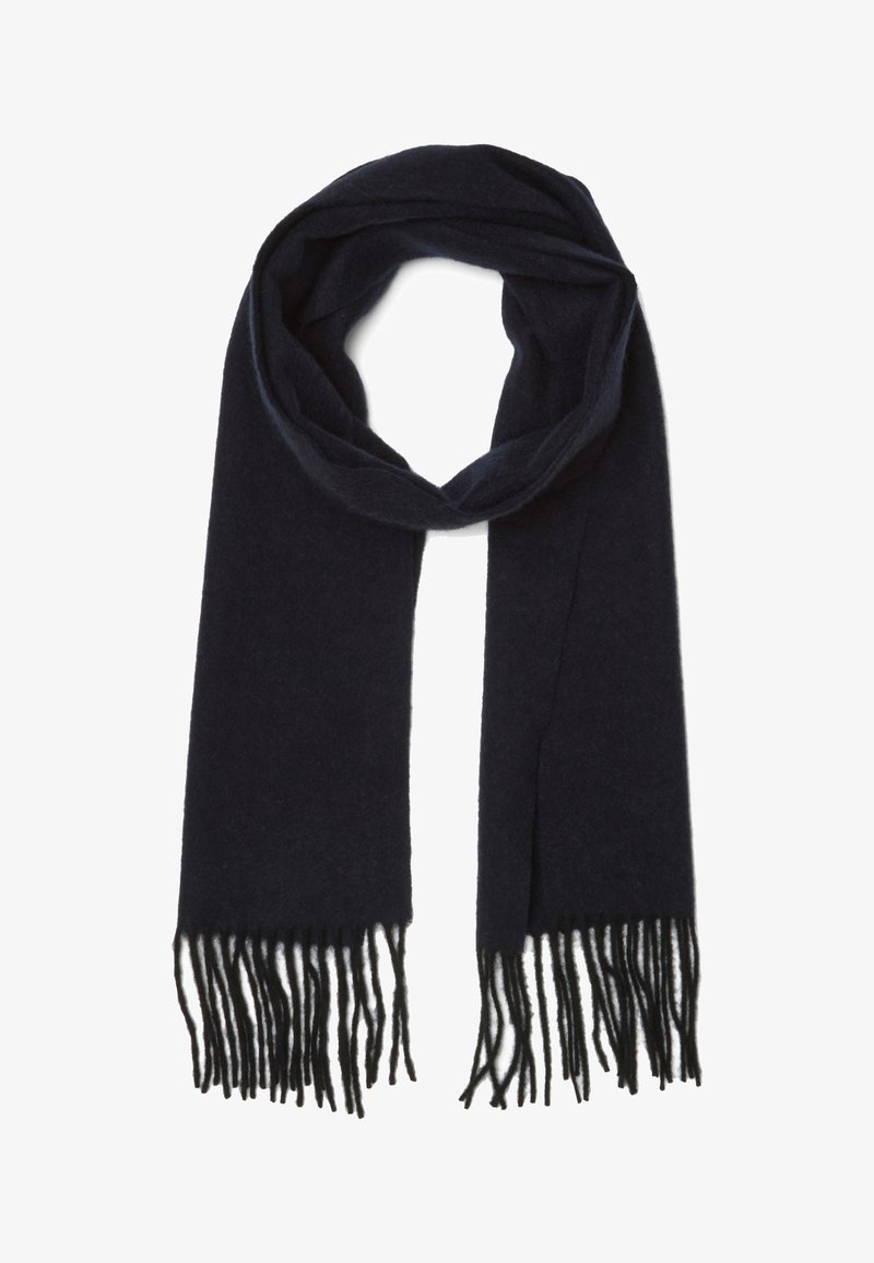 Écharpe en laine bleu marine au toucher lisse, avec de longues franges et un design simple enroulé.