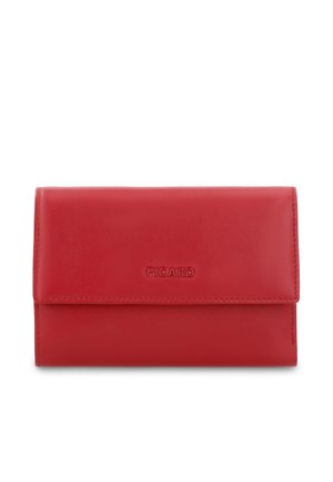 Red leather wallet with flap closure, embossed "PICARD" logo on front center, smooth texture, rectangular shape.