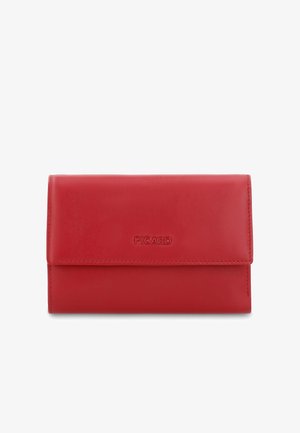 Red leather wallet with flap closure, embossed "PICARD" logo on front center, smooth texture, rectangular shape.