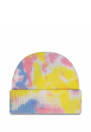 Czapka dzianinowa w wzór tie-dye z żółtymi, różowymi i niebieskimi odcieniami. Zawiera białą łatkę z logo "Oracle Red Bull Racing".