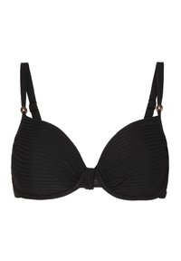 Čierny bikiny top s podprsenkovým drôtom a skladanou textúrou. Obsahuje nastaviteľné ramienka a zapínanie na prednej strane. Hladká úprava a minimalistický dizajn.