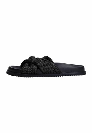 Black woven slide sandal with a knotted strap design, rubber sole, and a flat footbed. Features a textured fabric upper and smooth base.