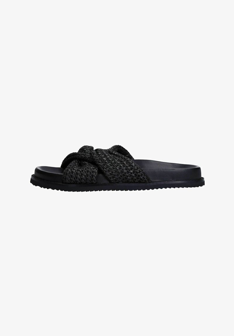 Black woven slide sandal with a knotted strap design, rubber sole, and a flat footbed. Features a textured fabric upper and smooth base.