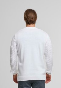 Witte trui met een gladde romp en gekabelde, textuur sleeves; geribbelde manchetten en zoom voegen detail toe aan het ontwerp.