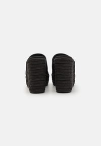 Zapatos de tacón alto negros con un tacón texturizado y tejido y una parte superior lisa. La parte trasera presenta una forma ligeramente redondeada y un material suave.