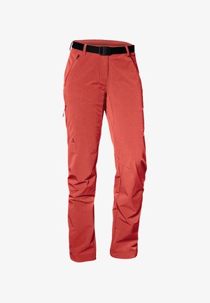 Pantaloni esterni rossi dal design snodato, con cintura nera, tasche con zip e una texture di tessuto liscia e leggera.