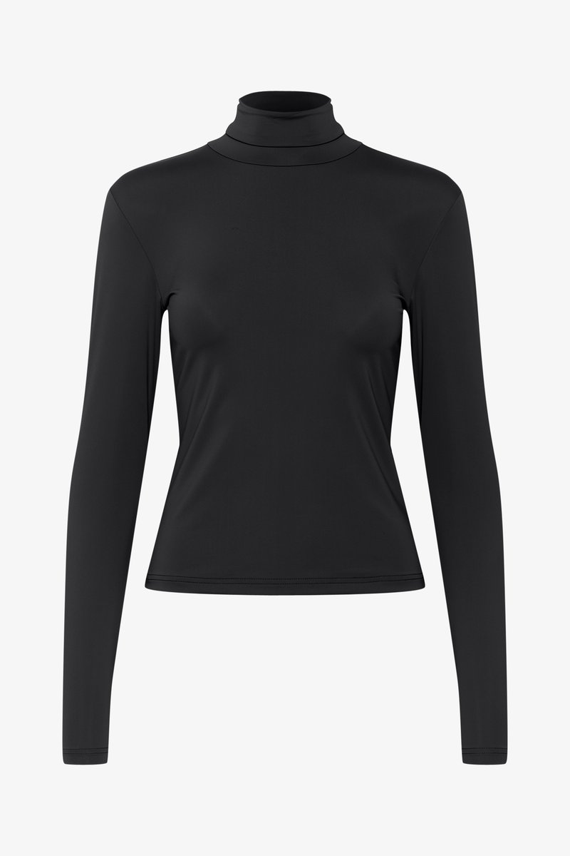 Sort langærmet turtleneck top, lavet af glat stof, med en tætsiddende silhuet, høj krave og subtile syninger.