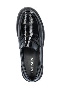 Black patent leather loafers featuring a stitched penny strap and a smooth texture, with the brand name "NELSON" and size "37" inside.