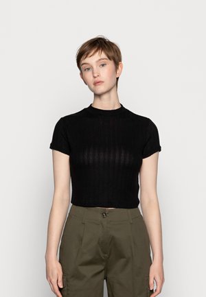 MOCK NECK TEXTURE SHORT SLEEVE - Triko s potiskem - black