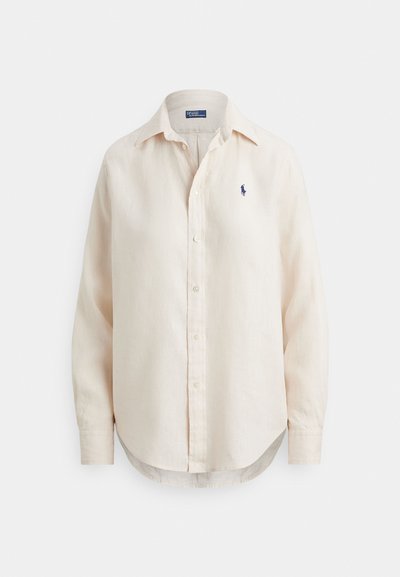Beige linen shirt with long sleeves, pointed collar, and button-down front; features a small blue logo on the left chest.