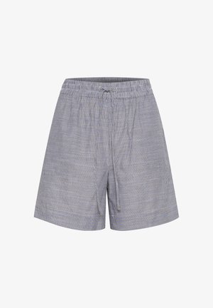 Shorts pour hommes en tissu de coton léger, motif rayé bleu marine et blanc, taille élastique avec cordon de serrage, longueur genou, coupe décontractée.
