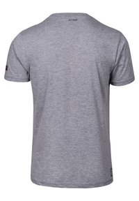 Graues Baumwoll-T-Shirt mit Rundhalsausschnitt, kurzen Ärmeln und glatter Textur. Es hat ein kleines Logo auf der unteren Seite und den Markennamen auf der Rückseite.