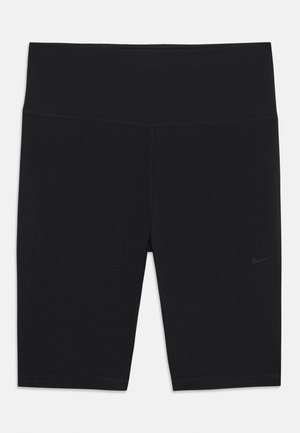Black knee-length athletic shorts with high waistband and subtle Nike swoosh logo on left leg.