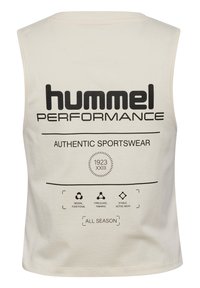 Cream sleeveless sports tank top featuring black printed text and icons. Material appears soft with a relaxed fit, labeled "Hummel Performance."