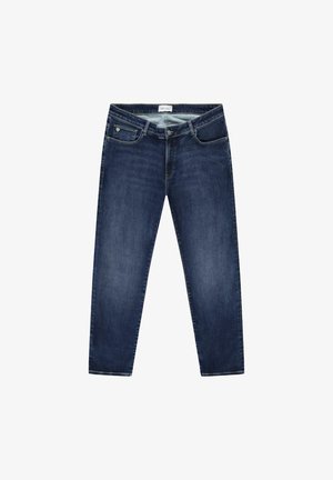 Donkerblauwe spijkerbroek met een rechte pijp, vijfzakkenontwerp en een ritssluiting. De stof heeft een gladde textuur en lichte vervaging.