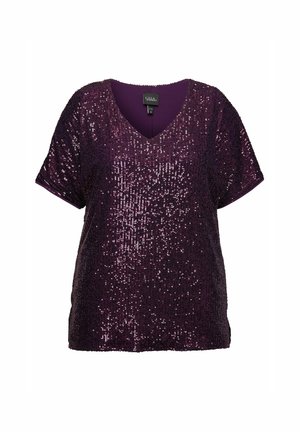 Top viola con paillettes e scollatura a V, a maniche corte. Presenta una superficie testurizzata coperta di paillettes lucenti.