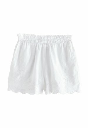 Shorts albe din in cu un brâu elastic, margine ondulată și detalii brodate florale pe laterale. Material ușor și respirabil.