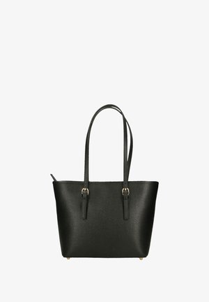 Borsa tote nera realizzata in materiale sintetico testurizzato, con due manici lunghi e particolari in metallo dorato. Presenta una forma strutturata.