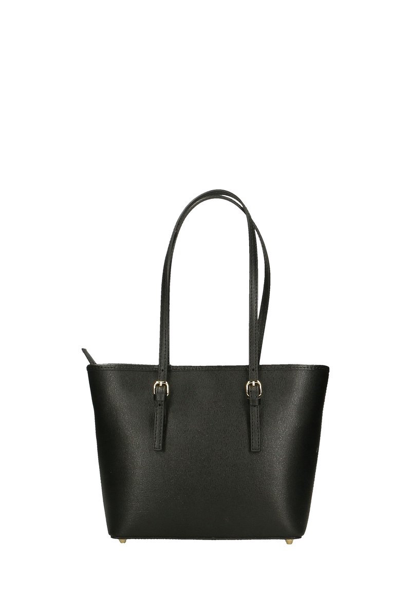 Zwarte shoppers gemaakt van gestructureerd synthetisch materiaal met twee lange handvaten en goudkleurige accenten. Heeft een gestructureerde vorm.