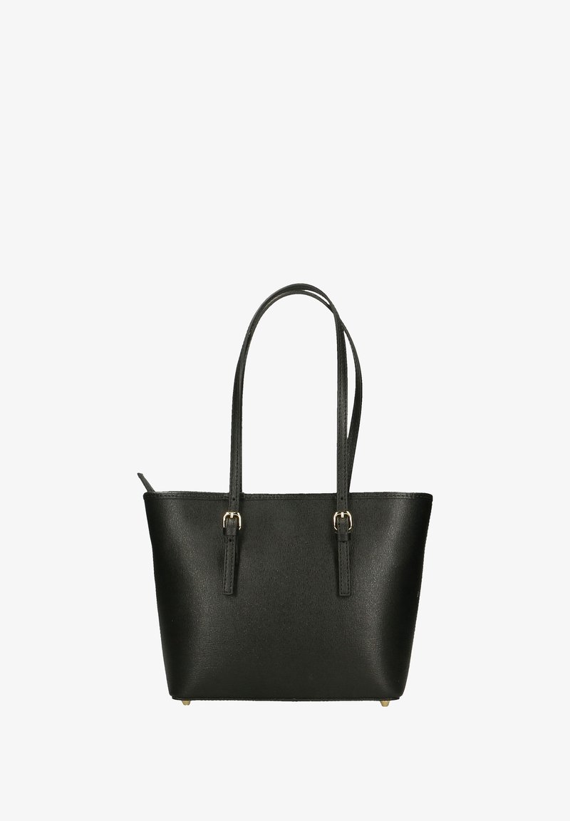 Zwarte shoppers gemaakt van gestructureerd synthetisch materiaal met twee lange handvaten en goudkleurige accenten. Heeft een gestructureerde vorm.