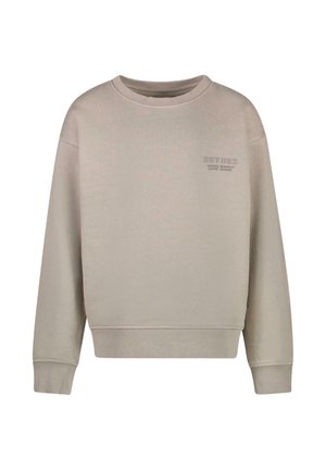 Lichtbeige sweatshirt met een ronde hals, lange mouwen en een losse pasvorm. Voorzien van subtiele tekst in een donkere tint op de voorkant. Zachte textuur.