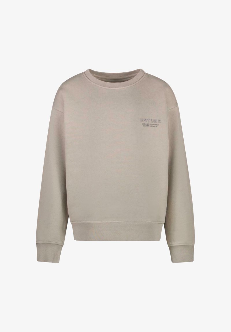 Lichtbeige sweatshirt met een ronde hals, lange mouwen en een losse pasvorm. Voorzien van subtiele tekst in een donkere tint op de voorkant. Zachte textuur.