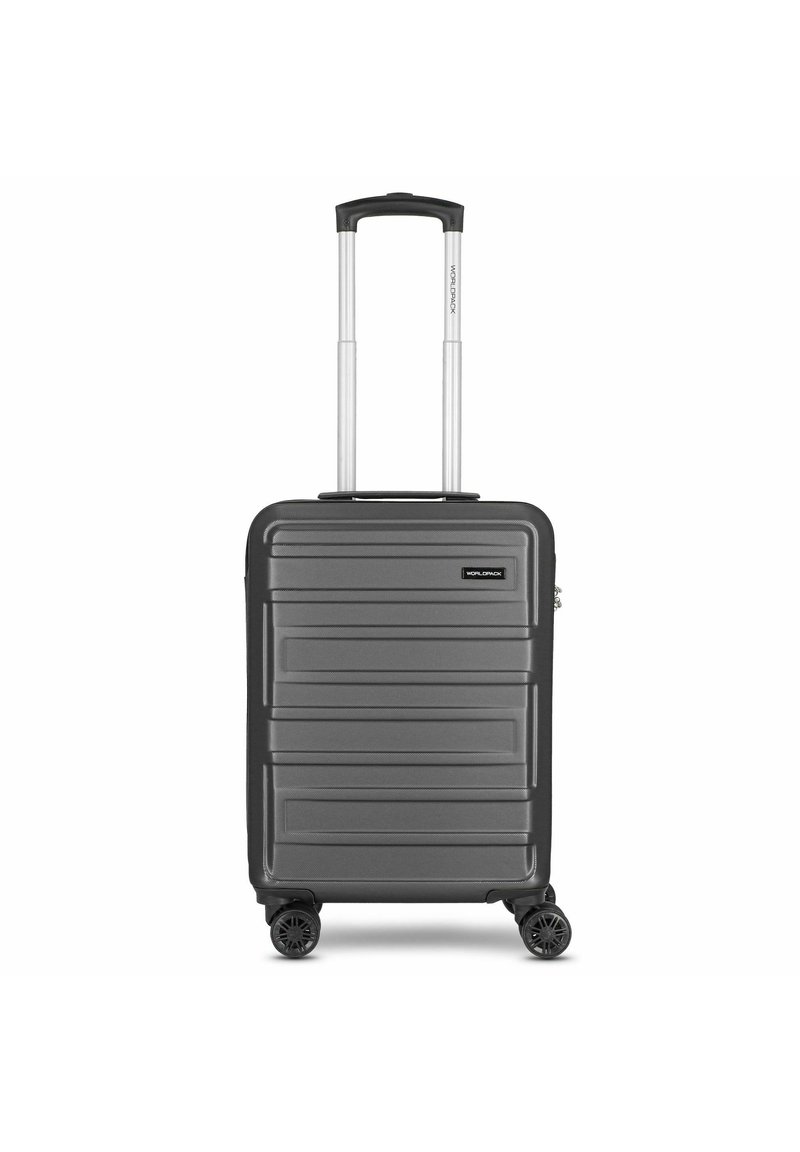 Hartschalen-Handgepäcksreisetasche in Dunkelgrau mit strukturierter Oberfläche, vier drehbaren Rädern, doppeltem ausziehbarem Griff und Reißverschluss.