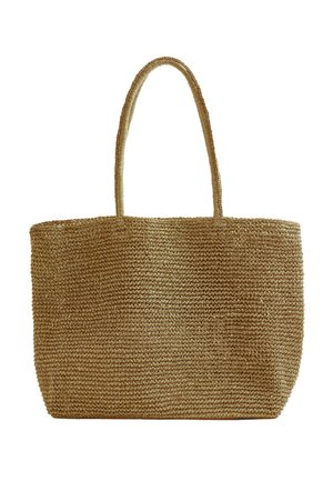 Vævet taske i naturligt fiber med to lange håndtag, rektangulær form og åben top, velegnet til at bære ting.
