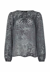 Blusa grigia con design a fantasia animalier, dotata di scollatura rotonda e dettaglio a fiocco. Maniche lunghe con polsini elasticizzati e texture morbida e liscia.