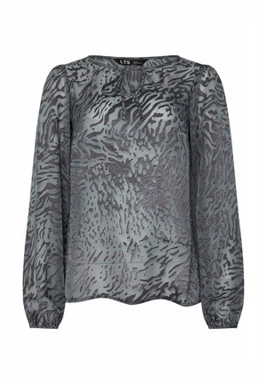 Blusa grigia con design a fantasia animalier, dotata di scollatura rotonda e dettaglio a fiocco. Maniche lunghe con polsini elasticizzati e texture morbida e liscia.