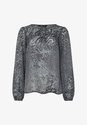 Graue Bluse mit Animal-Print-Design, Rundhalsausschnitt und Bindedetail. Lange Ärmel mit elastischen Bündchen und weicher, glatter Textur.
