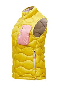 Geltona siuvinėta liemenė be rankovių su aukštu apykakliu, priekyje užtrauktuku, rožine užtraukiama krūtinės kišene ir šonine užtraukiama kišene, rodoma ant balto fono.