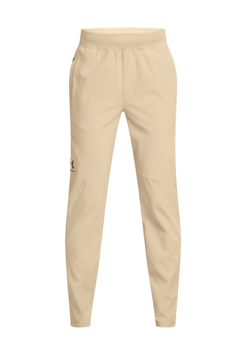 Beige sportbroek met een elastische tailleband, taps toelopende pijpen en een gestikt ontwerp. Voorzien van een klein zwart logo aan de zijkant.