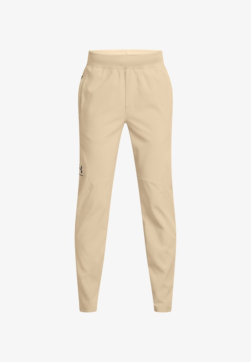 Beige sportbroek met een elastische tailleband, taps toelopende pijpen en een gestikt ontwerp. Voorzien van een klein zwart logo aan de zijkant.