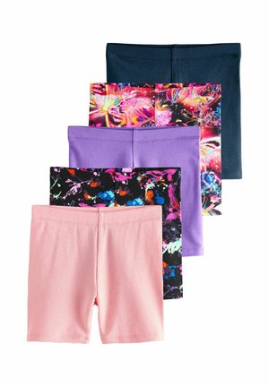 Four pairs of snug-fitting shorts stacked, featuring solid pink, black with colorful splatters, solid purple, and vibrant multicolored abstract prints.