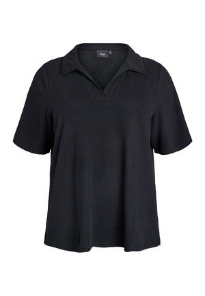 Black short-sleeve polo shirt featuring a V-neck collar and a loose fit, made from soft fabric with a smooth texture.