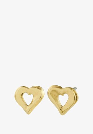 Goldene Ohrstecker in Herzform mit ausgespartem Zentrum, polierter Oberfläche und glatter Textur. Verziert mit abgerundeten Kanten und schlanken Stiften.