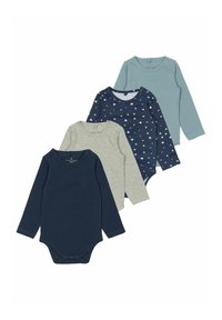 Vier Langarm-Bodysuits in Marineblau, Grau und Hellblau; einer zeigt ein Sternen-Muster. Hergestellt aus weichem Stoff mit Druckknopfverschluss.