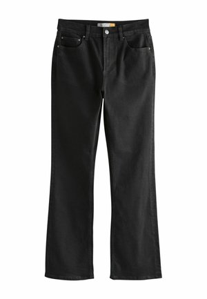 Jean en denim noir avec une coupe droite, cinq poches et une fermeture à bouton. Présente des détails de couture et une finition douce et texturée.